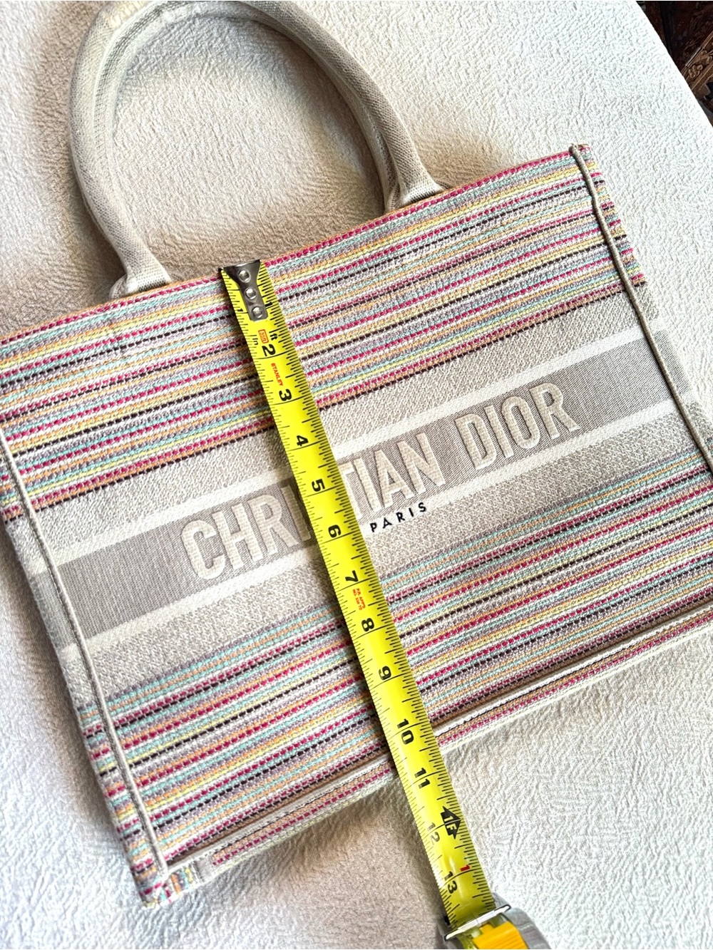 Beige Canvas Medium Tote with Multicolor Stripes USED